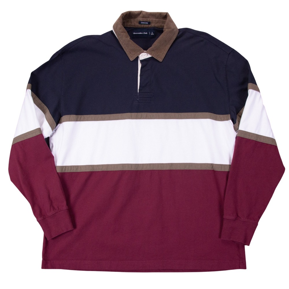Abercrombie Fitch Mens L Rugby Polo Shirt Oversized Stripe Corduroy‎ Collar